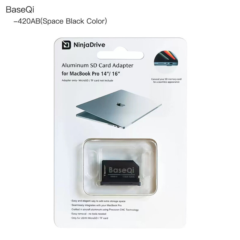 BaseQi for MacBook Pro 14inch 16inch M1/M2/M3 Space Black Micro sd Card Adapter Aluminum Mac Pro Mini Drive Card Reader 420AB