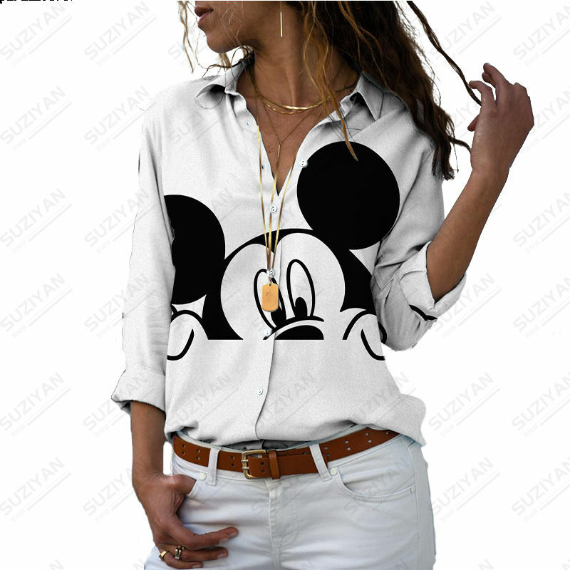 Disney-Camiseta de manga larga con estampado 3D para mujer, rebeca con botones, Polo, estampado de dibujos animados, talla grande, Mickey MinnieSimple, 2023