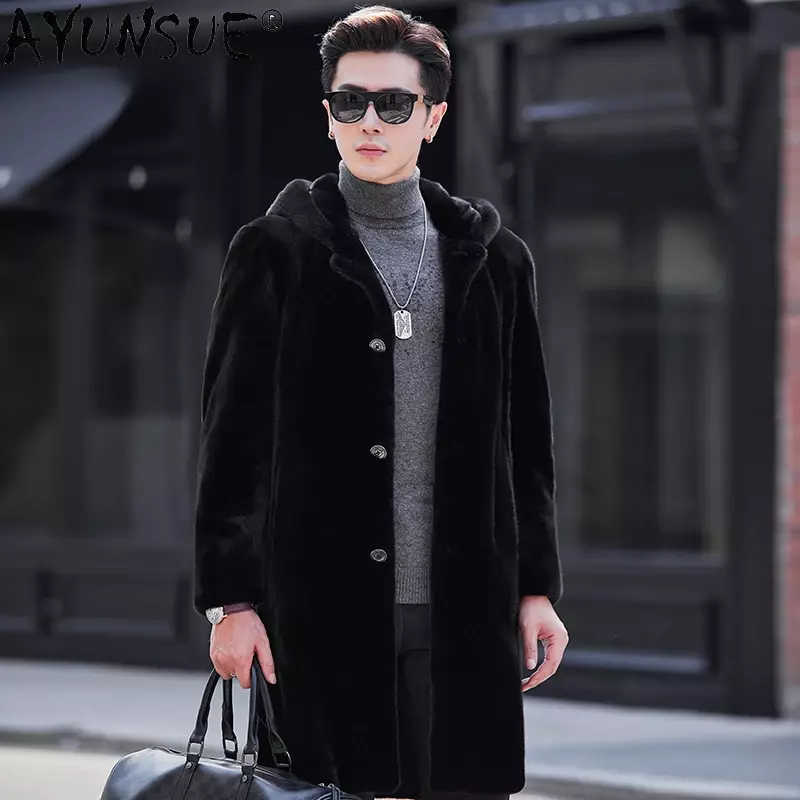 AYUNSUE-casaco de pele de vison natural para homens, jaqueta com capuz, outwear longo, casacos de peito único, luxo e novo, inverno