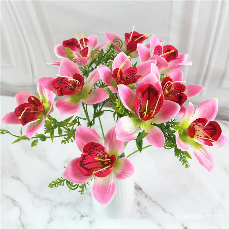 Orquídea Artificial de seda blanca, florero de escritorio para el hogar, accesorios de Flores de imitación, 10 piezas/ramo