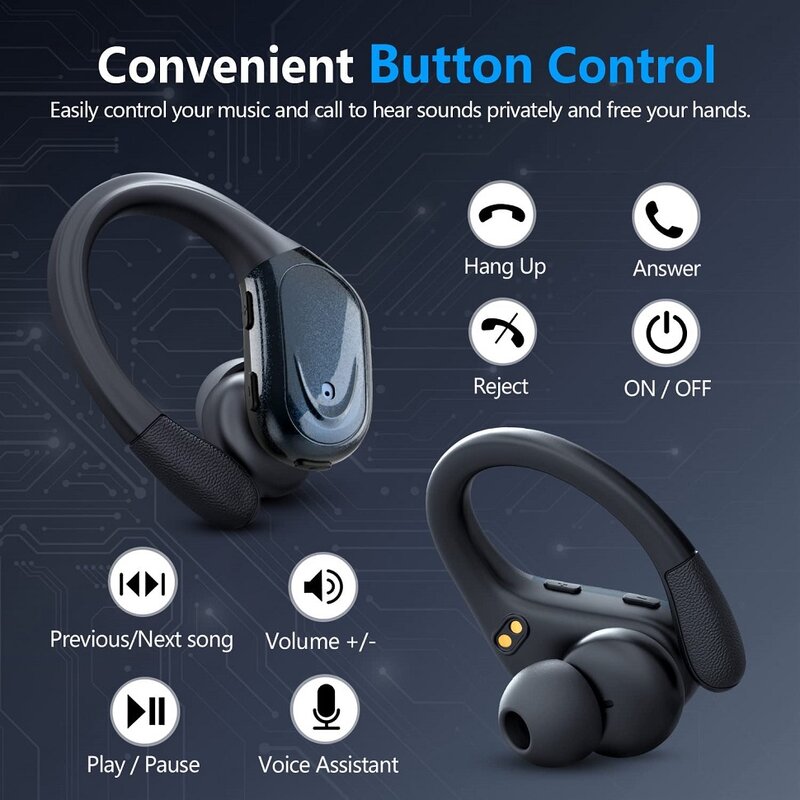 Auricolari Bluetooth 5.3 cuffie True Wireless con controllo del pulsante del microfono ganci per la riduzione del rumore cuffie impermeabili per lo sport