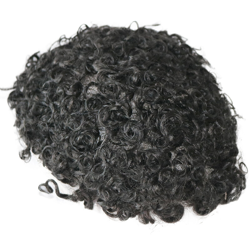 Permed 18mm Men' s Curly Hair Toupee 130Density Fully Skin Durable Long Lasting Hair Replacement Hairpieces Men Wig Prosthesis