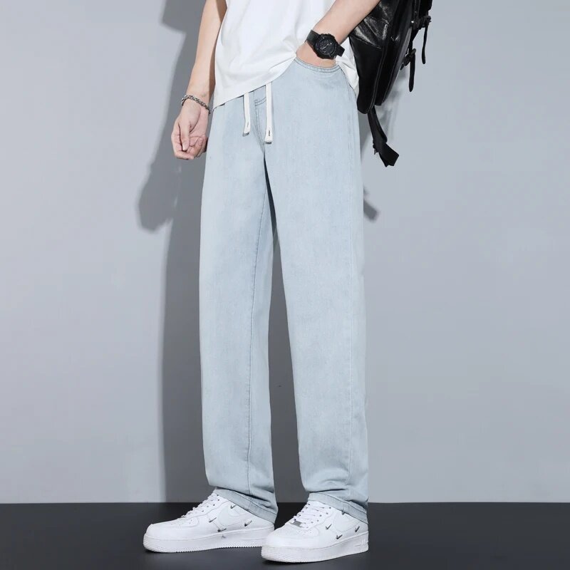 2024 New Summer Thin Baggy Jeans Men American High Street Ice Silk Soft Straight Male Clothes Casual Denim Trousers