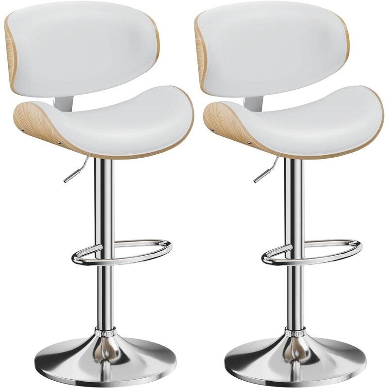 Stołki barowe zestaw 2, regulowany stołek barowy z giętego drewna, nowoczesne krzesła tapicerowane ze skóry PU z oparciem i podnóżkiem, krzesło barowe