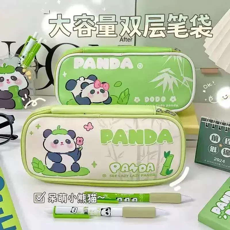Estuche  lápices  Panda  dibujos animados, suministros escolares lindos, almacenamiento  papelería  gran capacidad