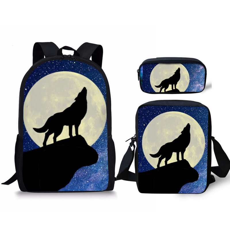 ランドセル3Dプリントバッグ3個セット,学校用,オオカミと月のパターン,ラップトップ,ケース
