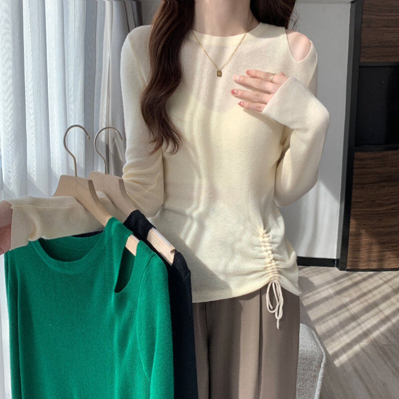 Женские футболки с открытыми плечами и длинным рукавом, осень 2023, шикарный дизайн, однотонная трикотажная рубашка, Женский Топ большого размера на шнурке