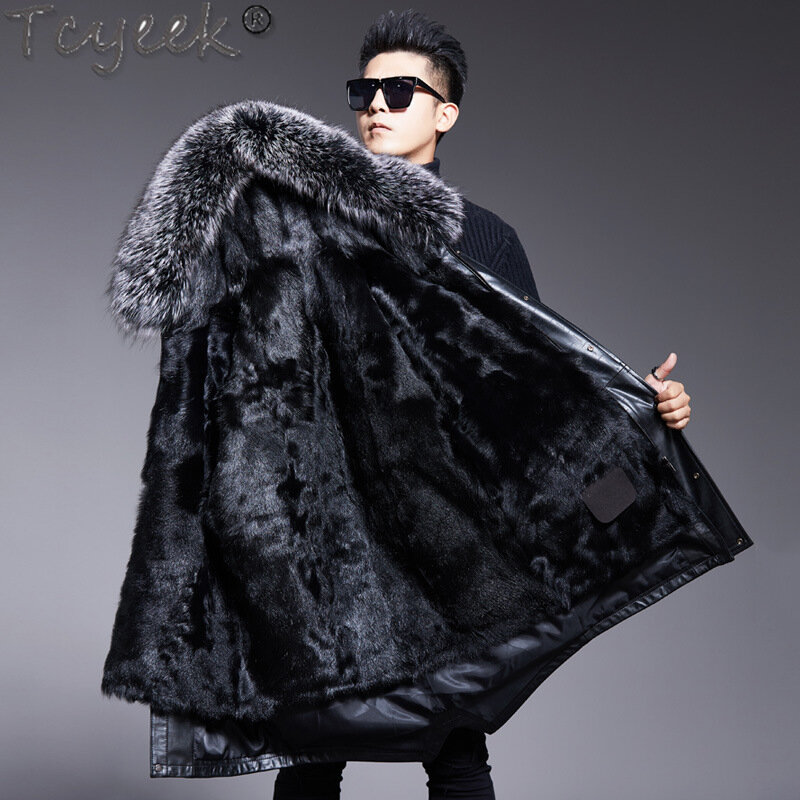 Tcyeek-chaqueta de piel de zorro con capucha para hombre, abrigo de piel de oveja auténtica, ropa cálida de invierno, a la moda
