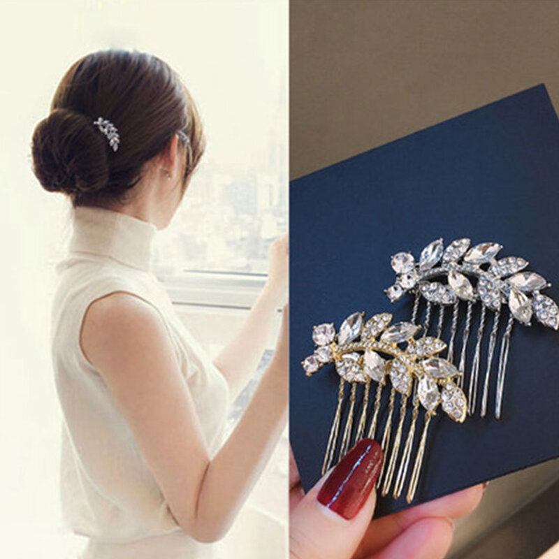 1pc Bride Hair Accessories Wedding Jewelry Crystal Leaves Hair Pins Clips Willow Leaf Shaped Diamond Inserted Comb