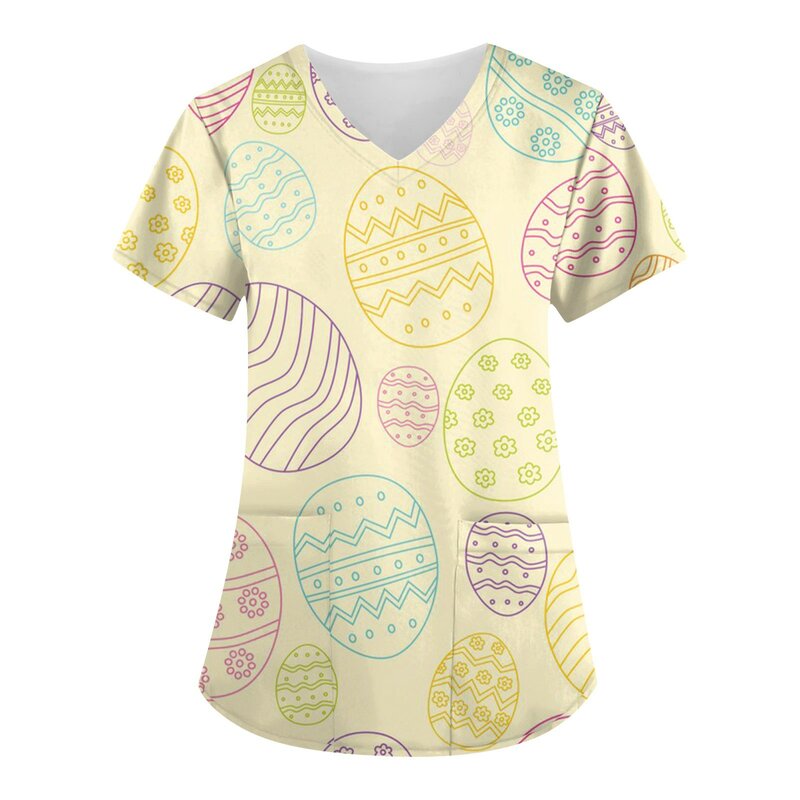 Camiseta con estampado Floral de Pascua para mujer, uniforme de trabajo ajustado con estampado de animales, ropa de trabajo, uniformes de enfermería, verano, 2024