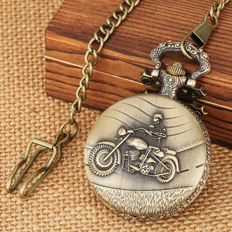 Vintage de bronze da motocicleta autociclo hip hop pingente colar punk autobike jóias rua esporte rock quartzo bolso relógio para homem