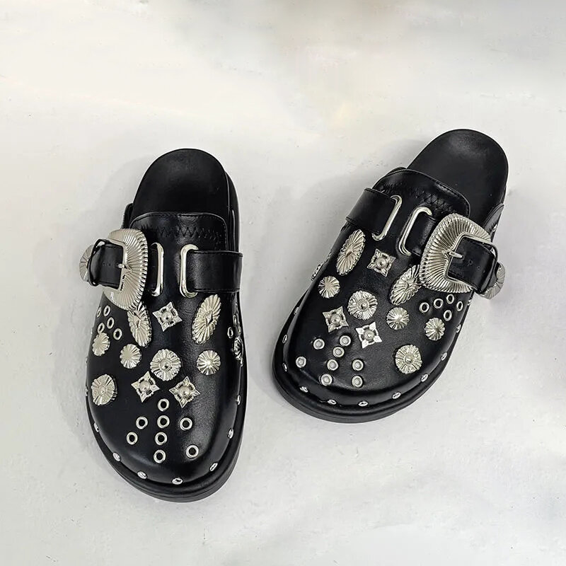 Summer Women Slippers Platform Rivets Punk Rock Leather Mules Creative Metal Fittings Casual Party Shoes Female Outdoor Slides