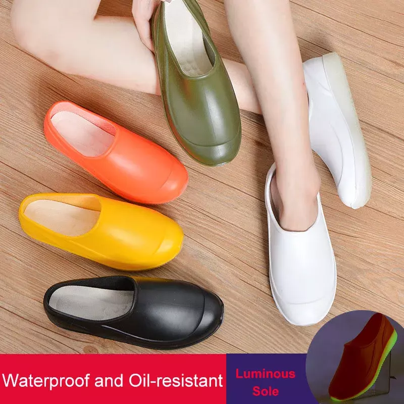 Zapatos de agua antideslizantes para mujer, Botas de lluvia que brillan en la oscuridad, zapatos de goma para trabajo, cocina, impermeables, boca baja, zapatos de lluvia