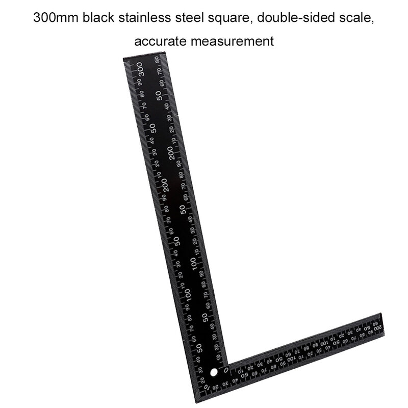 300mm preto de aço inoxidável quadrado dupla face escala régua ângulo direito medição regra ferramenta ângulo quadrado régua 90 graus lidar com