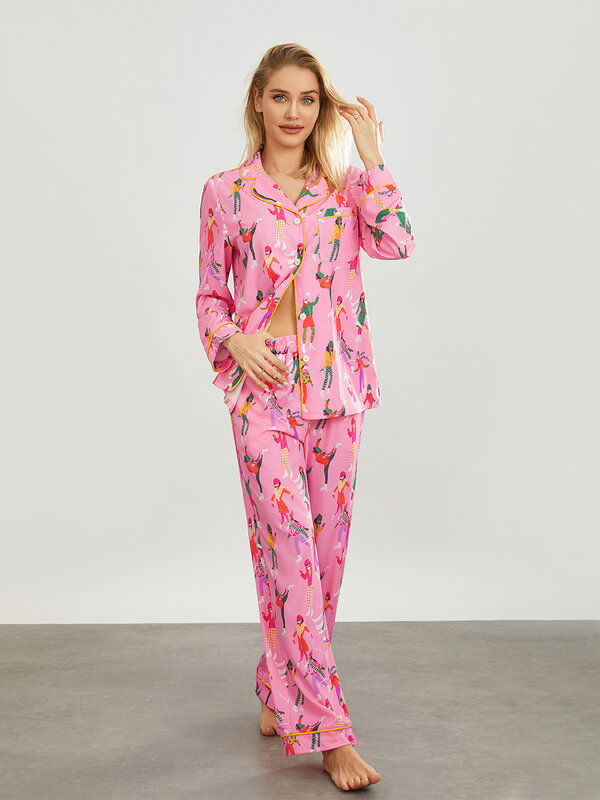 Conjunto de pijama de dos piezas con estampado Floral para mujer, camisa de manga larga, pantalones de pierna ancha, traje a juego, Y2k