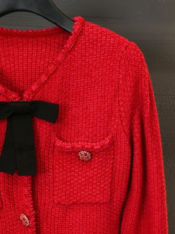 Women's Red Knitted Dress Bow O-Neck Single Breasted Long Sleeve Elegant Spring 2024 Mini Robe