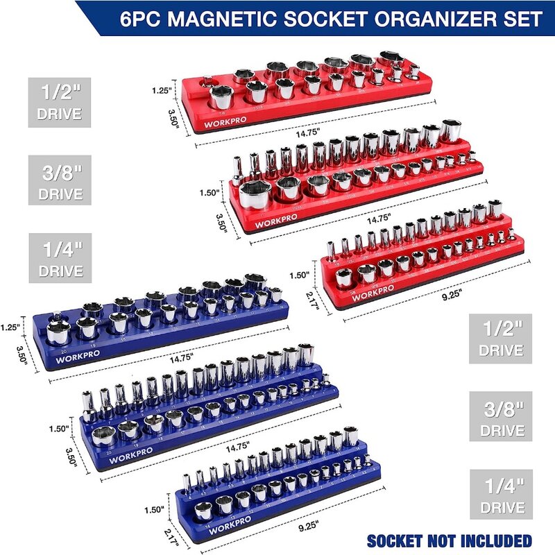 Set Organizer soket magnetik, 6 buah Set dudukan soket termasuk 1/4 ", 3/8", 1/2 "Drive metrik SAE nampan soket,