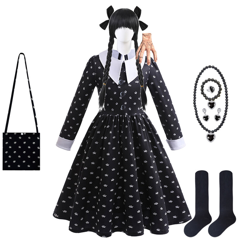 Addams-vestido cosplay preto de bolinhas, traje de festa halloween, manga comprida, roupas bruxa, dia das crianças, surpresa de aniversário
