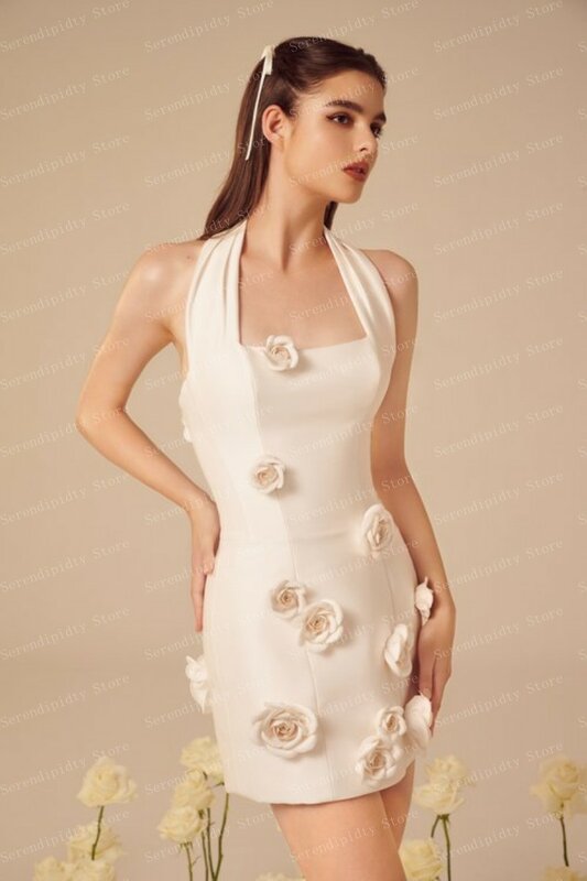 Gaun bunga Satin putih gaun pesta Halter panjang Mini gaun pesta dibuat sesuai pesanan warna 3D bunga Prom gaun wanita cantik pakaian wanita
