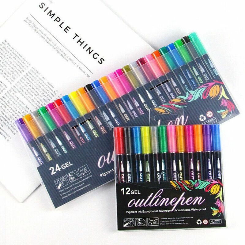 Double Line Plastic Outline Pen, impermeável cor metálica Highlighter, Shimmer Marker, caneta fluorescente para crianças, 8 pcs, 12 pcs, 24 pcs, 36pcs