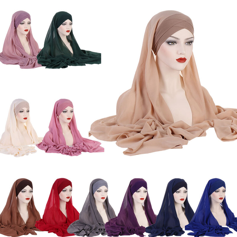 Testa Cruz Chapéu com lenço de Chiffon para Mulheres Muçulmanas, Hijab Instantâneo, Underscarf Bonnet Cap, Xale Longo, Véu, Amira Headscarf, 1Pc