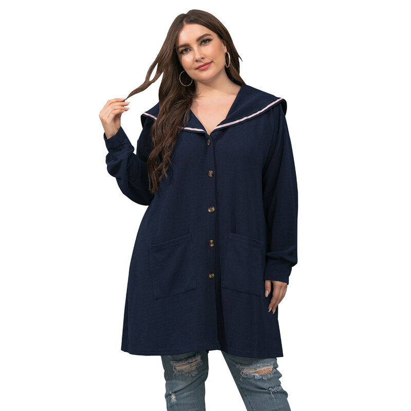 Plus Size Women Cardigan Jacket Autumn 2023 Fashion Navy Collar Double Pocket Loose Solid Color Long Sleeve Coat Dress Casual