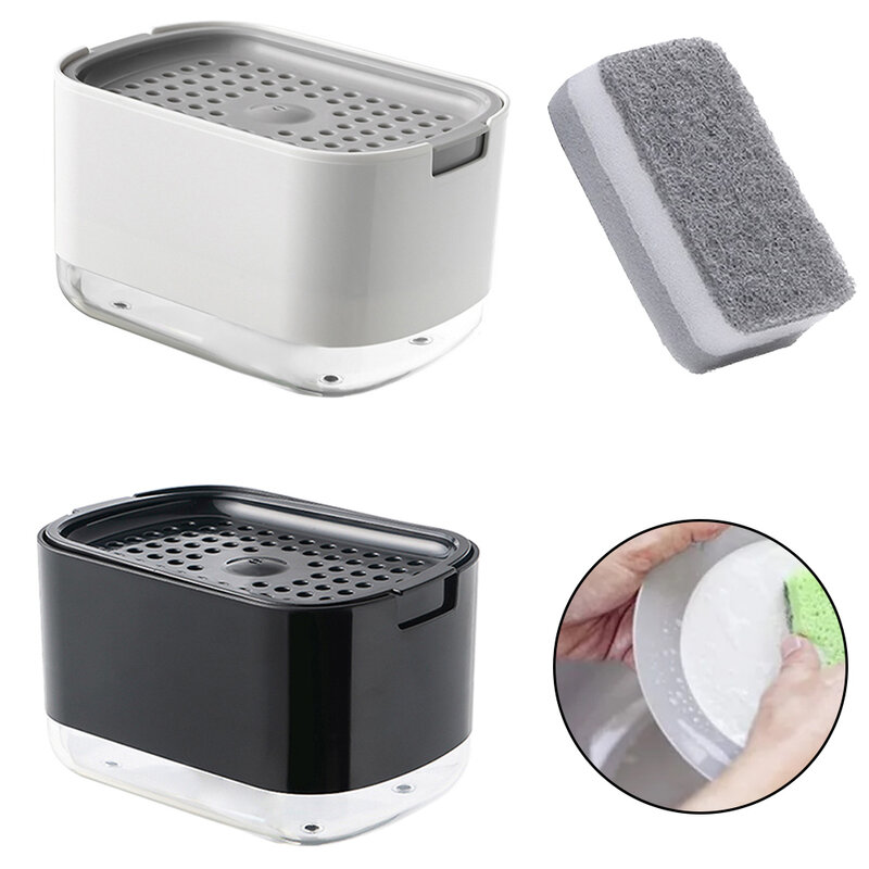 Dispensador de jabón 2 en 1 con soporte de esponja, caja Manual de líquido para lavar platos de cocina