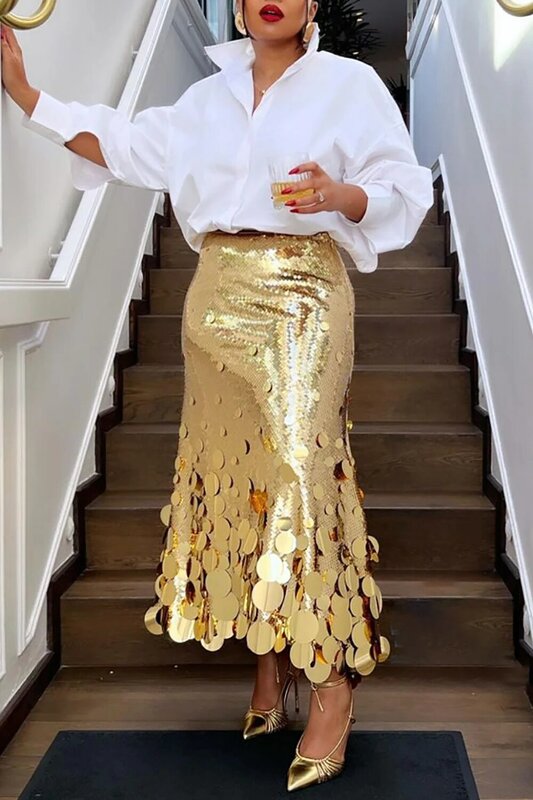 Rok panjang wanita ukuran besar, rok koktail kasual emas perak payet panjang klub pesta malam pinggang tinggi wanita