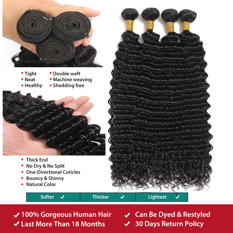 12A Brazilian Deep Wave Human Hair Bundles With 4X4 Transparent Lace Closure With Bundles 3/4 Bundle Virgin Hair Weave Extension