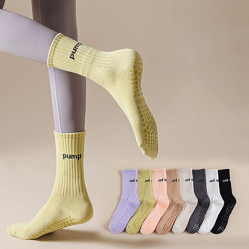Новые простые однотонные носки до середины икры для йоги носки для пилатеса силиконовые Нескользящие носки для фитнеса носки для комнатных танцев гимнастики тренировочные носки