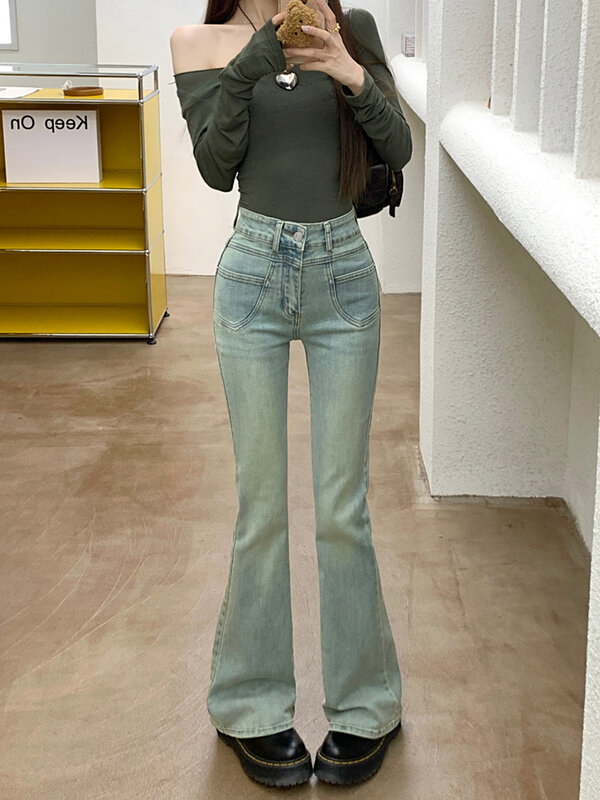 Calça retrô lavada de cintura baixa para mulheres, jeans fino com fundo de sino, streetwear, moda coreana, primavera, 2022