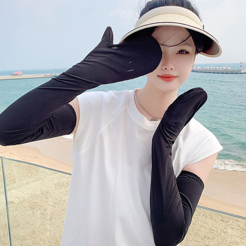 Sarung tangan wanita Anti-UV, pelindung matahari manset bernapas es sutra panjang penutup lengan bersepeda luar ruangan lembut nyaman