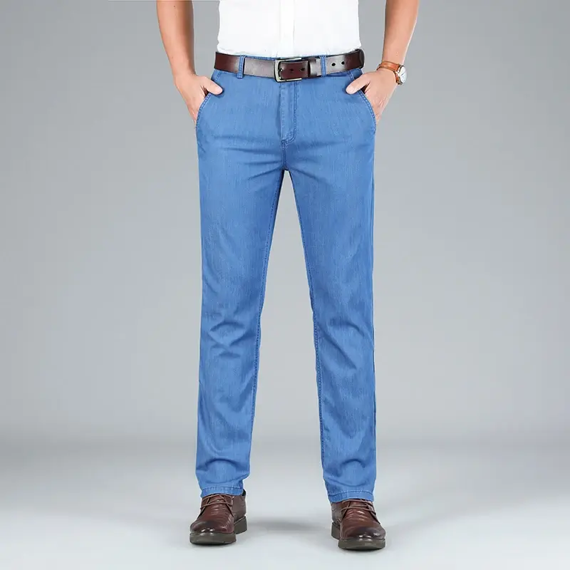 Men's Fit Straight Lightweight Cotton Stretch Denim Brand High Lyocell Business Casual High Waist Thin Light Grey Jeans