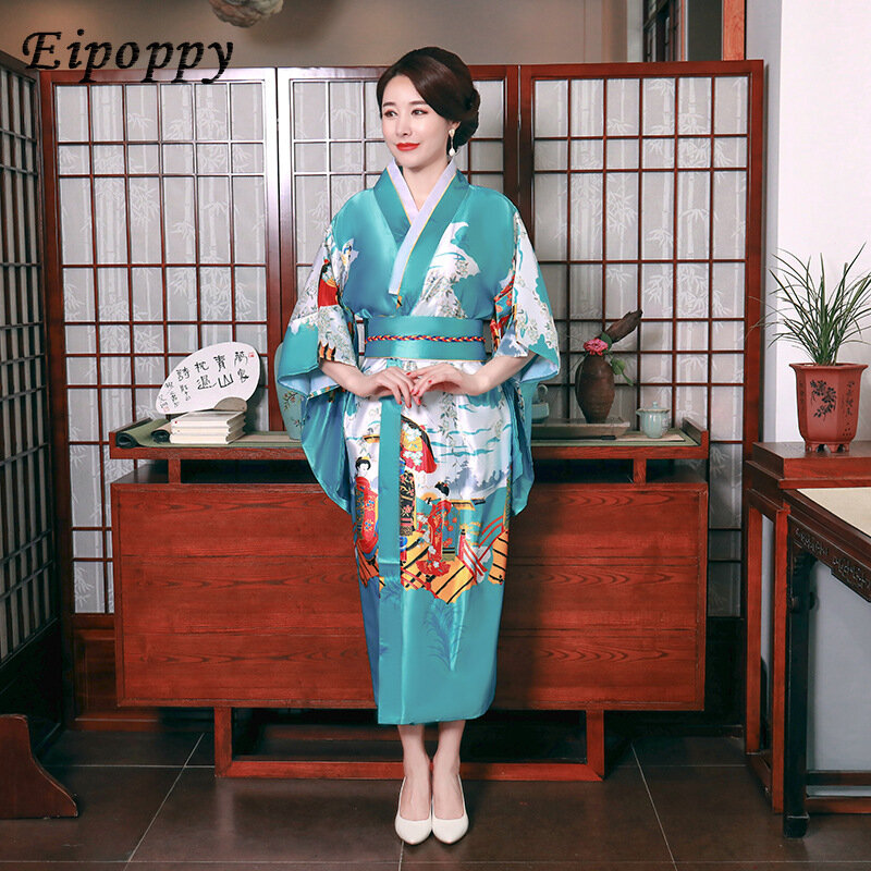 Imitated Silk Pajamas Japanese Kimono Women's Summer Half Sleeve Bridal Gown Homewear Night-Robe Bathrobe