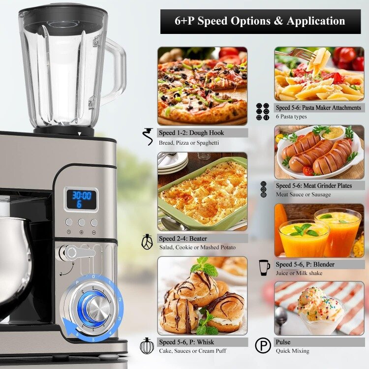 Misturador Stand Mixer com display LCD para cozinha, Misturador elétrico, 6 em 1, 6.5QT, Misturador de tigela de aço inoxidável, Misturador de cozinha multifuncional