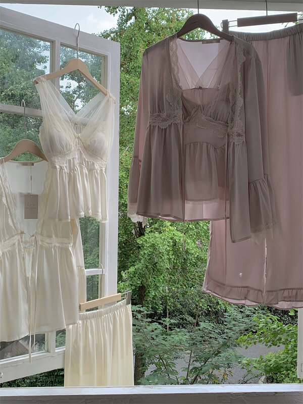 Пижама в дворцовом ретро-стиле, комплект из 3 предметов, женская элегантная одежда для сна, одежда для отдыха, пижамы, сетчатый кружевной топ на бретельках и штаны, атласная летняя ночная рубашка