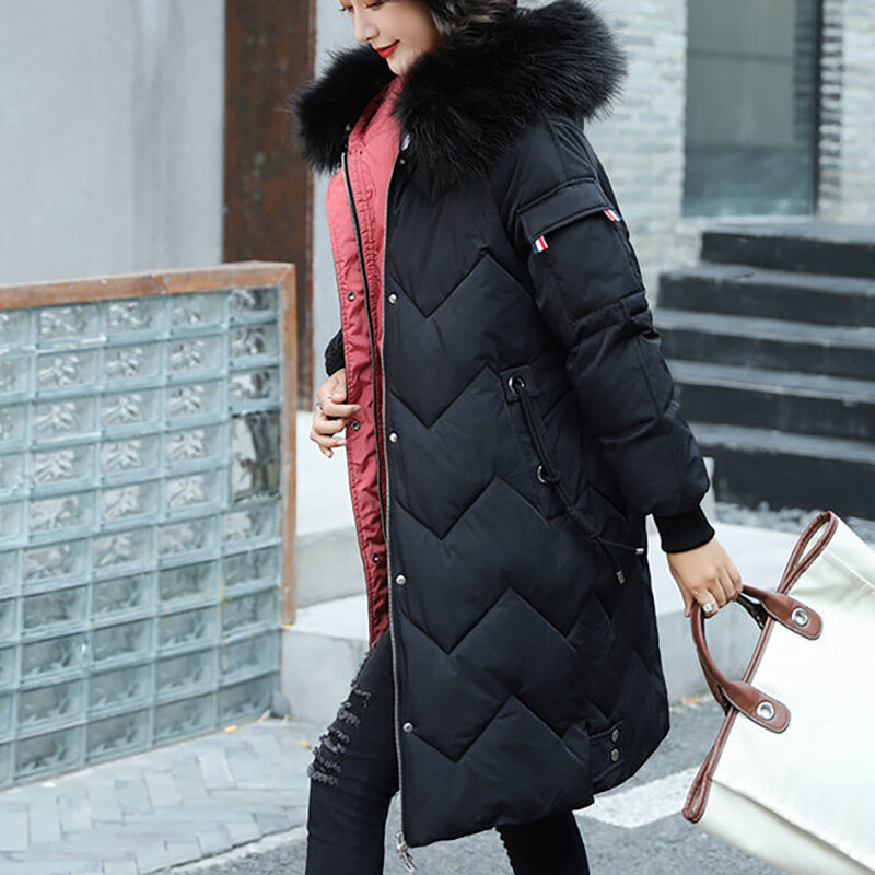 Giacca in cotone da donna con cappuccio grande collo di pelliccia sciolto Casual elegante moda parka di media lunghezza 2023 cappotto invernale femminile addensato