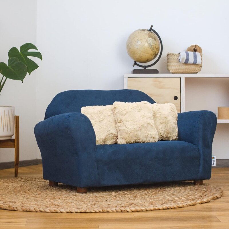 Plush children's sofa with decorative pillows, navy blue set of 4 in pine