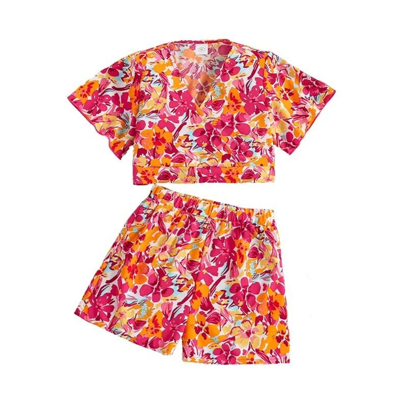 T-shirt de manga curta e shorts para meninas, roupas estampadas flores, v pescoço, roupa de verão, 8-12t