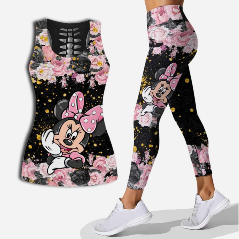 Disney myszka Minnie bezrękawnik z wcięciem damskie leginsy damskie strój do jogi legginsy Fitness strój sportowy zestaw Disney Tank Top Legging