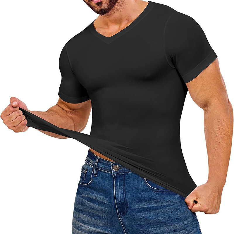남성 바디 셰이퍼 V넥 압축 셔츠, 반팔 슬리밍 언더셔츠, 복근 복부 조절 보정속옷 상의