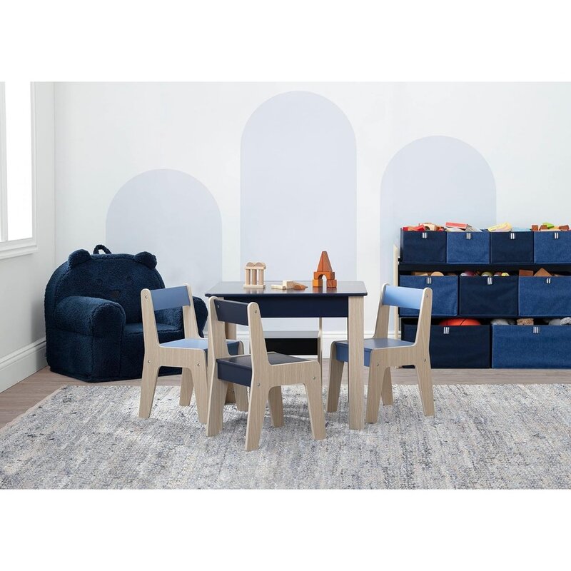 Children's tables and 4 Chair Set Size Kids and Chair Children Furniture Sets,Playroom Toddler Activity Table,Navy/Natural
