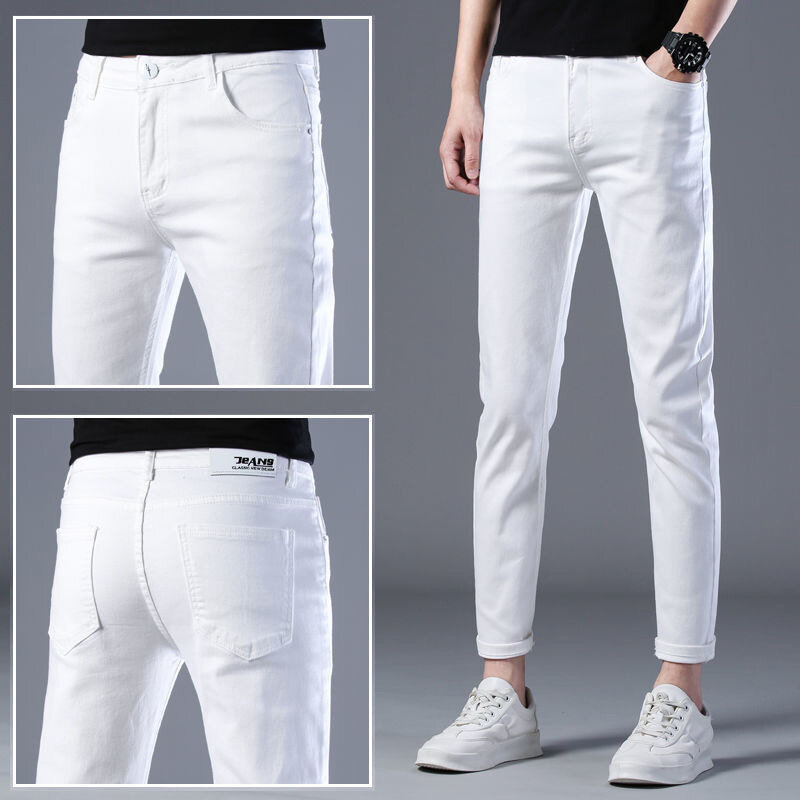 กางเกงขายาวผ้ายีนส์รัดรูปผ้ายืดขายาวสำหรับผู้ชายกางเกงยีนส์ขาตรงสีขาวแบบลำลองสำหรับ Y2k