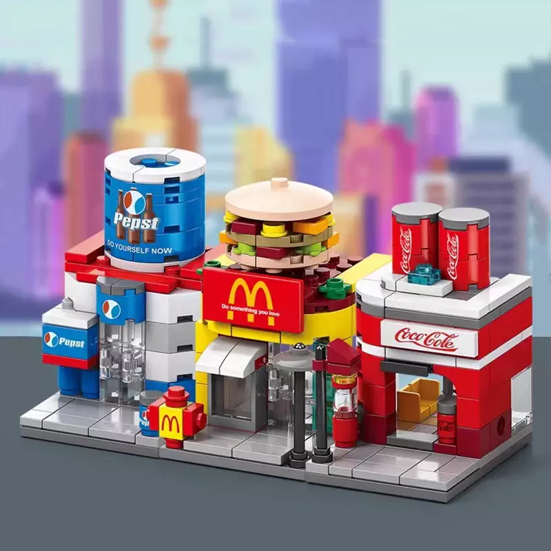 Kreatywny Mini sklep z kawą burgerami Bar z przekąskami klocki ulica miasta widok domu zabaw zbierają cegły dziewczęce zabawka miniaturka