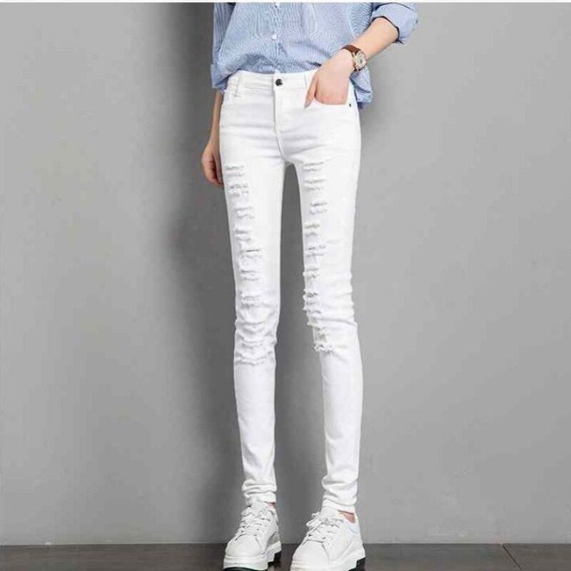 Новинка 2024, черные женские джинсы, обтягивающие брюки в Корейском стиле с дырками, Стрейчевые брюки-скинни, брюки на весну и осень