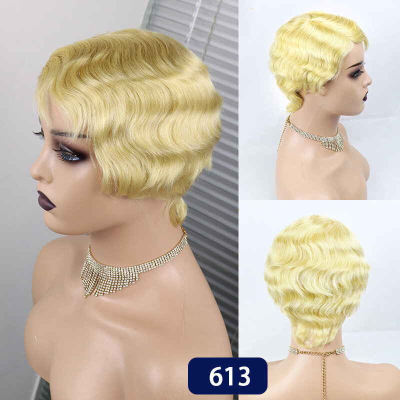 Pelucas de cabello humano brasileño ondulado para mujer, Pelo Corto con corte Pixie, hecho a máquina, Color mixto, barato