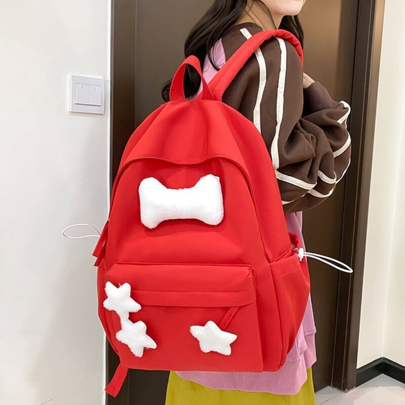 High Capacity Women Backpack Sweet All Match Nylon Students Backpacks Plush Decoration School Bag Students
