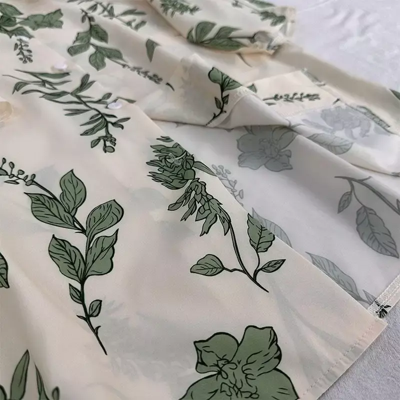 EBAIHUI-Blusa con estampado de hojas para mujer, camisa elegante de manga corta con cuello vuelto, informal, con botones, Estilo Vintage, para oficina y otoño