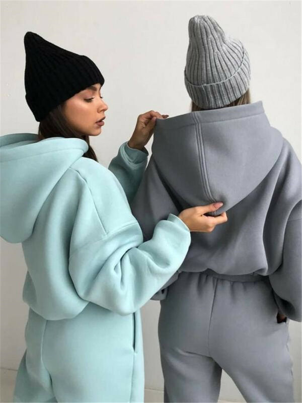 Sweater berkerudung warna polos wanita, Set dua potong pakaian musim gugur/musim dingin 2023