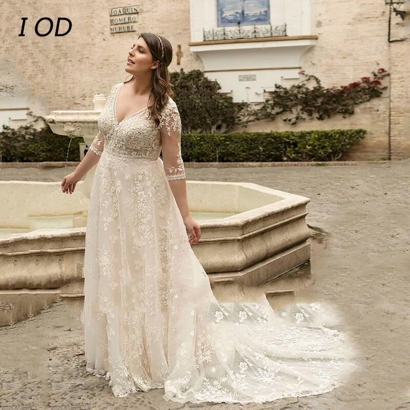 I OD Plus Size A-Line Wedding Dress V-Neck Half Sleeves Applique Zipper Back Tulle Bridal Gown Floor Length Vestidos De Novia